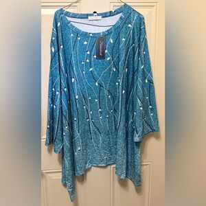 Fantaslook Pullover Tunic Blouse in Mottled Teal with Shark Bite Hem Size 4X